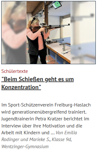 Screenshot des Teasers des Artikels "Beim Schießen geht es um Konzentration"von der Badischen Zeitung
